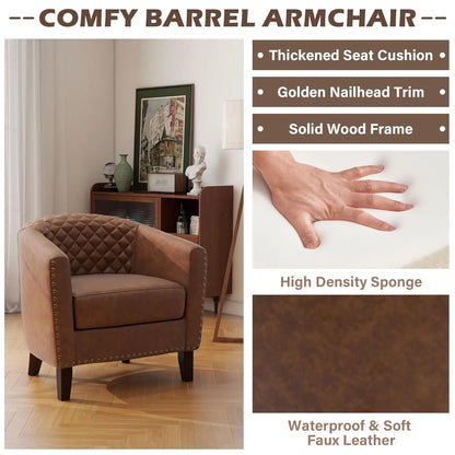 Faux Leather Barrel Accent Chairs Set of 2, Round Club Chair Modern Upholstered Armchair for Living Room, Comfy Nailed Trim Arm