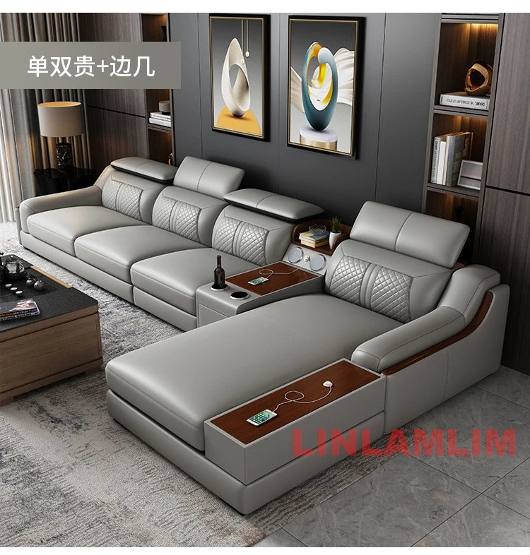 Modern U-Shaped Sectional Sofa Set with Chaise Lounge, Genuine Leather Couch with Storage Table, USB – Big Living Room Furniture