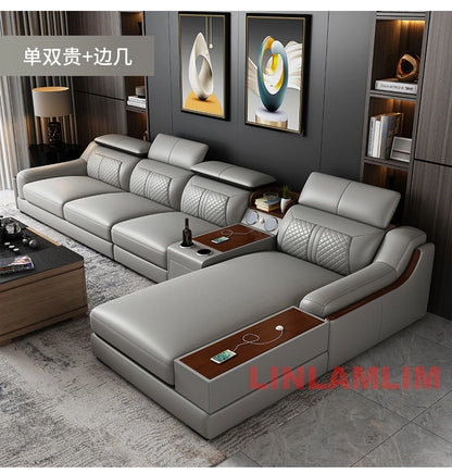 Modern U-Shaped Sectional Sofa Set with Chaise Lounge, Genuine Leather Couch with Storage Table, USB – Big Living Room Furniture