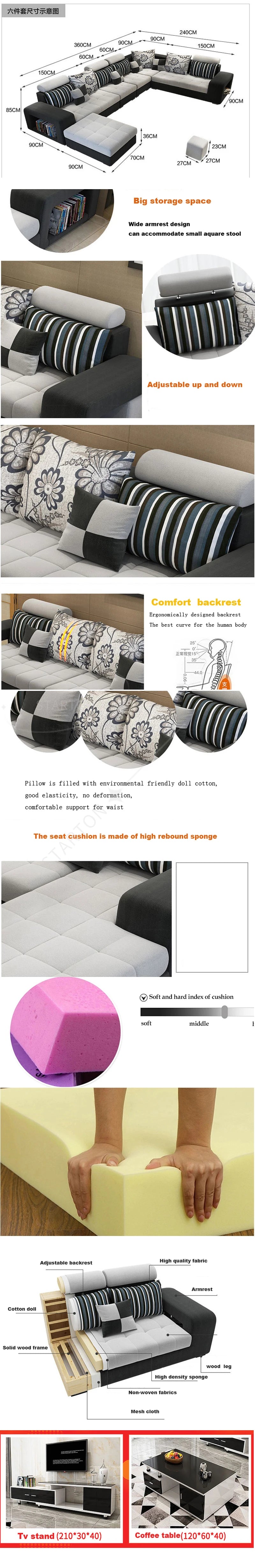 European Luxury Living Room Sofas 7 Seater U Shaped Home Furniture Wooden Fabric Armchair Corner Recliner Sectional  Sofa Set
