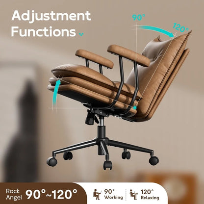 Brown Leather Office Chair with Wheels, Triple-Layers Thicken Wide Seat Height Adjustable, Mid-Century Modern Comfy Desk Chair f