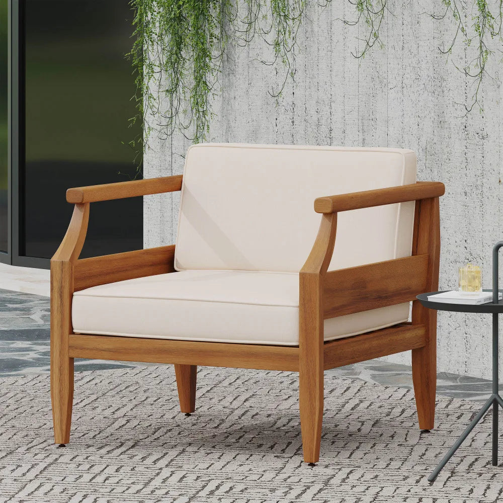 Outdoor Acacia Wood Lounge Armchair with Water Resistant Cushion, Modern Club Chair for Garden Patio Backyard Poolside