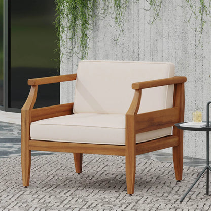 Outdoor Acacia Wood Lounge Armchair with Water Resistant Cushion, Modern Club Chair for Garden Patio Backyard Poolside