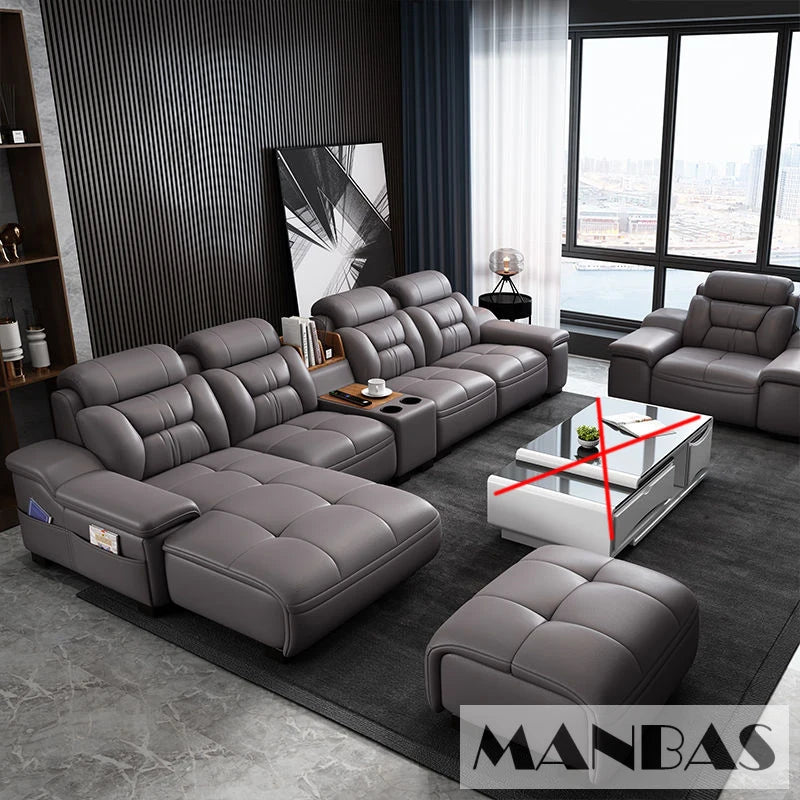 MANBAS Italian Genuine Leather Sectional Sofa with USB Charging, Bluetooth Speaker and Projector - Perfect for Your Living Room