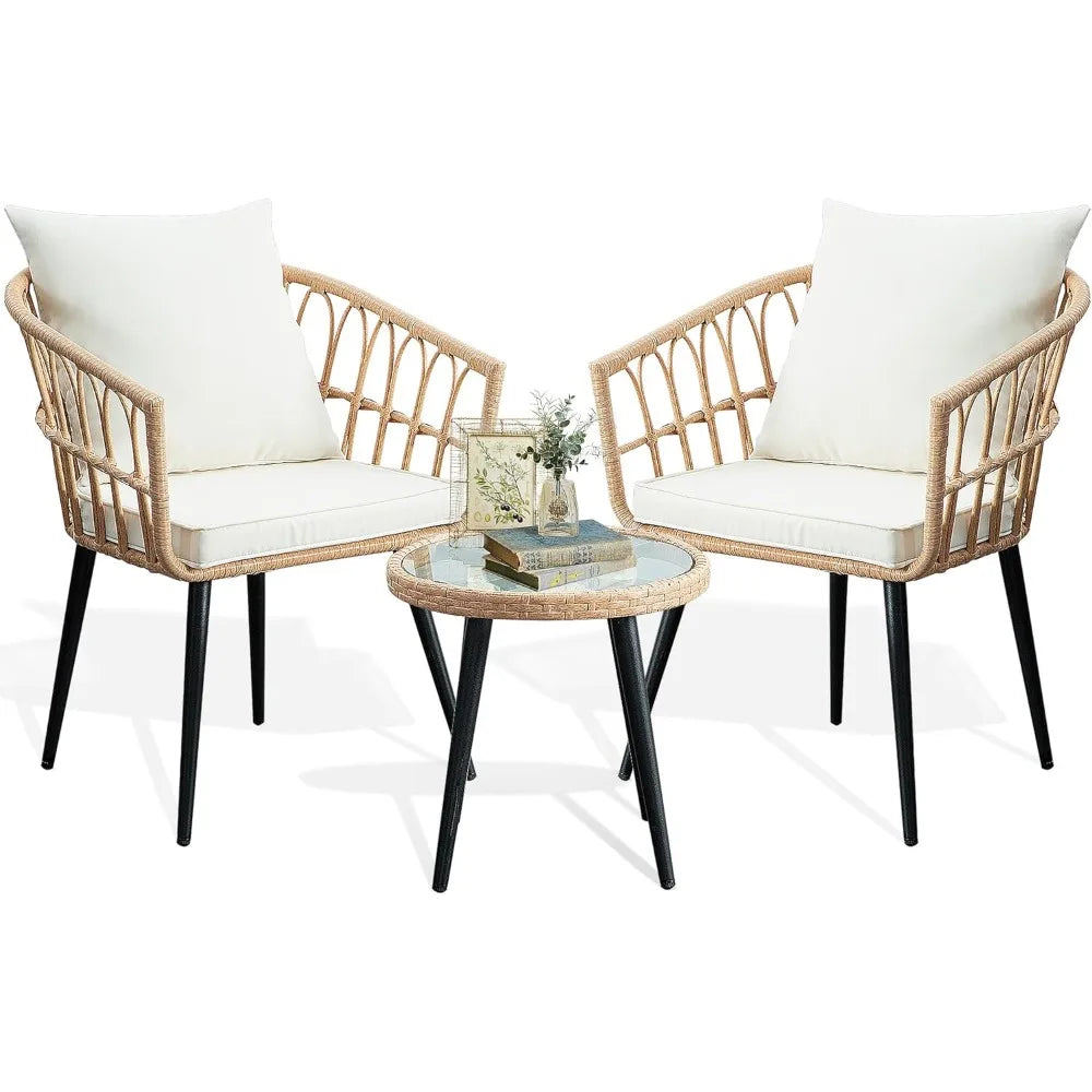 Patio Bistro Set, Outdoor Wicker Apartment Balcony Furniture Sets, Rattan Table and Chairs Set of 2 for Porch Backyard Lawn