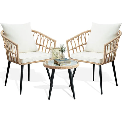 Patio Bistro Set, Outdoor Wicker Apartment Balcony Furniture Sets, Rattan Table and Chairs Set of 2 for Porch Backyard Lawn