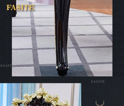 Marble dining table and chair combination Ebony restaurant Solid wood carving flower rectangular American home dining table