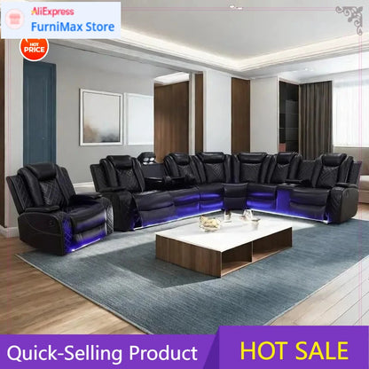 Power Recliner Sofa Sectional Sofa with LED Light for Living Room, Air Leather Reclining Corner Sectional Sofa Set