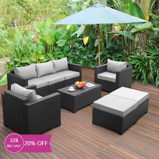 Patio Wicker Furniture Set 6 Pieces Outdoor PE Rattan Conversation Couch Sectional Chair Sofa Set with Grey Cushion