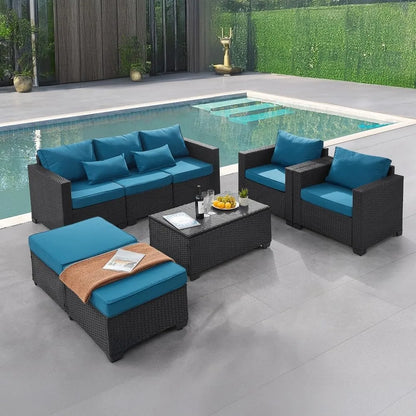 6 Pieces Outdoor Patio Furniture Sets with Furniture Cover, PE Rattan Wicker Patio Conversation Set with Tea Table (Peacock Blue