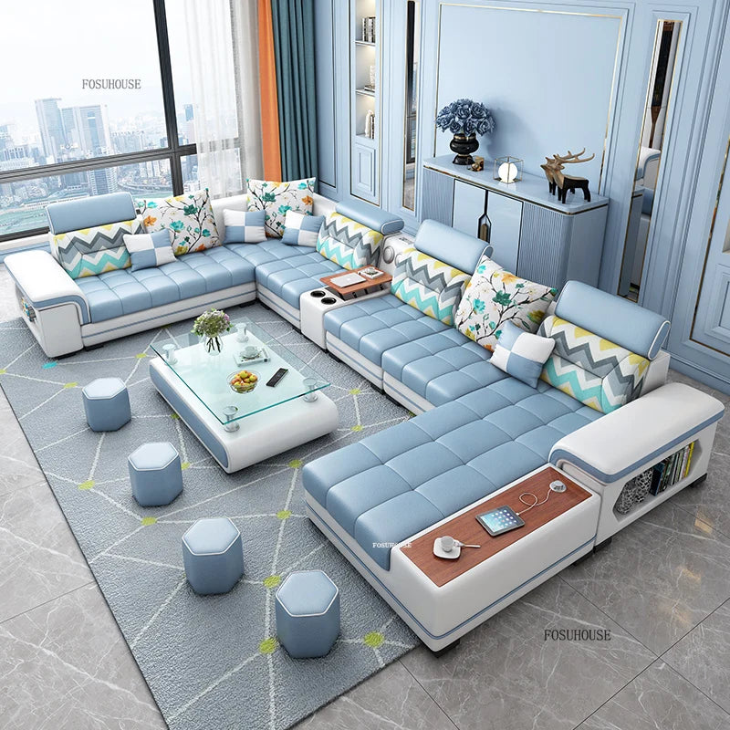Luxury U-Shape Tech Fabric Living Room Sofas Sets with USB Villa Recliner Sofas Design Modularity Sofa for Living Room Furniture