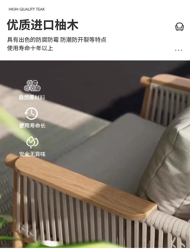 Outdoor Sofa Teak Outdoor Balcony Courtyard Rope Weaving Outdoor Tea Table Combination Garden Solid Wood Furniture