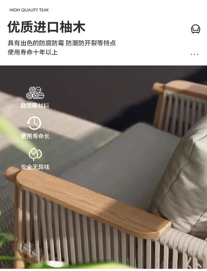 Outdoor Sofa Teak Outdoor Balcony Courtyard Rope Weaving Outdoor Tea Table Combination Garden Solid Wood Furniture