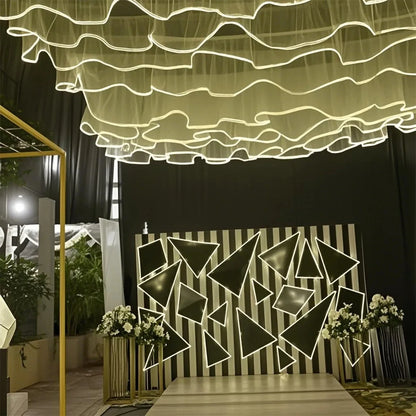 Glowing Curtain for Wedding Ceiling Decor, White Wave Tulle Fabric with Lights, Romantic Party Christmas Event Decoration