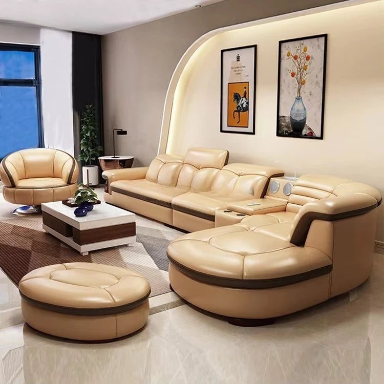 New Multifunctional Curved Sofa Living Room Single Swivel Chair Sofa L-Shaped Corner Leather Sofa With USB Sound Footrest