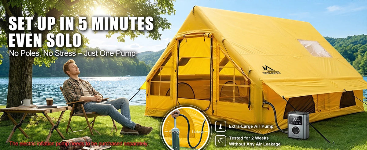 129 Square Feet Large Inflatable Camping Tent 6-8 Person,4 Season Waterproof Inflatable Tent House with AC Vent&Stove Jack