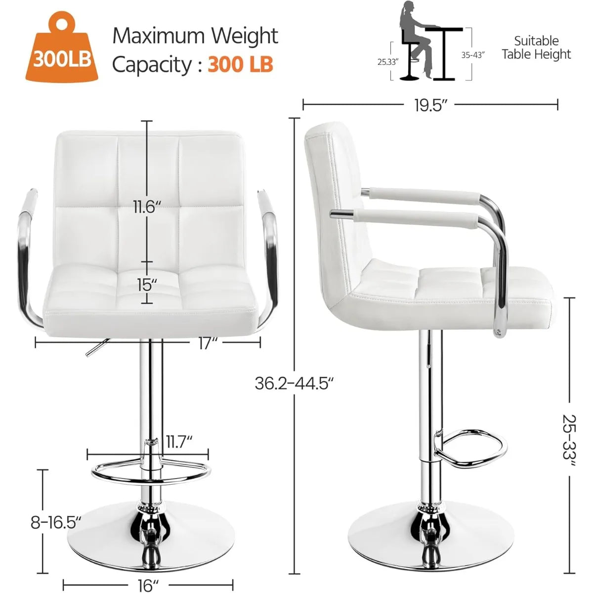 Lot de 2 tabourets de bar pivotants réglables, hauteur de comptoir hydraulique avec accoudoirs et dossier, cuir PU pour cuisine et bar, blanc