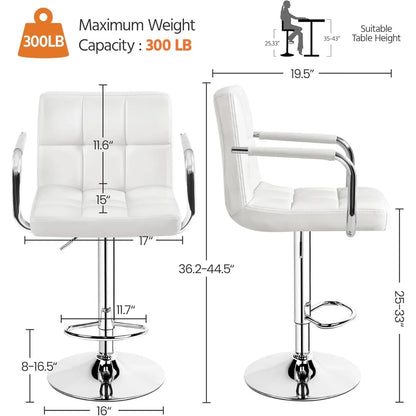 Lot de 2 tabourets de bar pivotants réglables, hauteur de comptoir hydraulique avec accoudoirs et dossier, cuir PU pour cuisine et bar, blanc