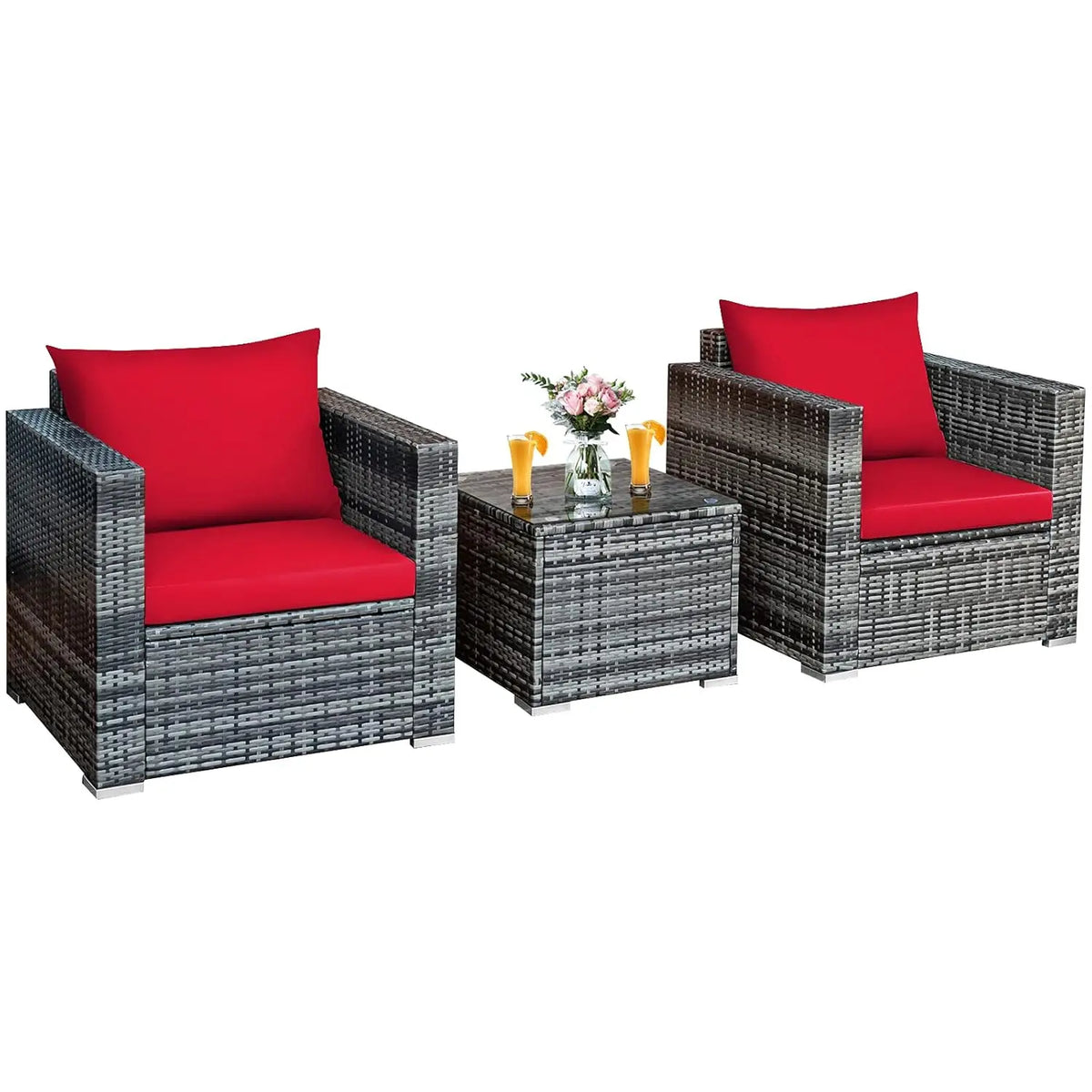 3 Pieces Patio Furniture Set, Outdoor Conversation Rattan Furniture Set w/Washable Cushion and Tempered Glass Tabletop, PE Ratta