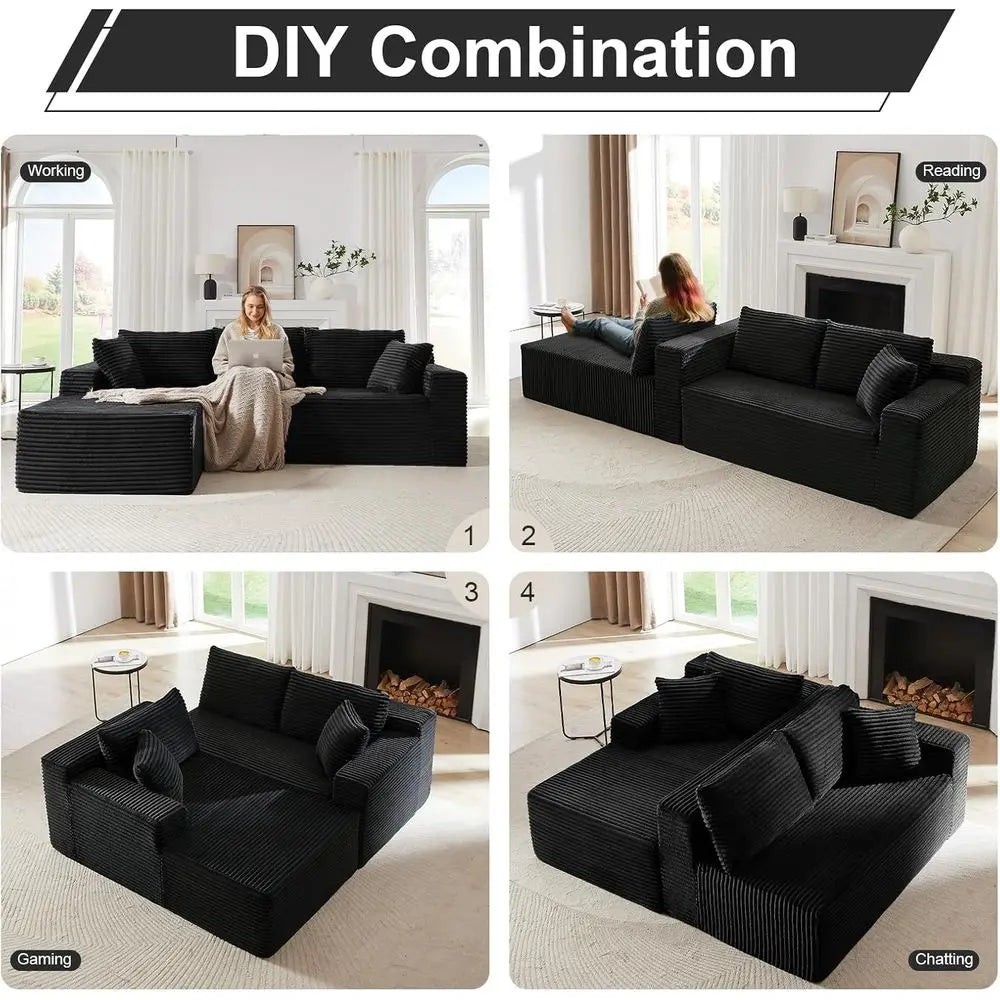 L-Shaped 103 Sectional Sofa with Chaise, Deep Seating, Corduroy Upholstery, Living Room Furniture, Ready to Use, Black