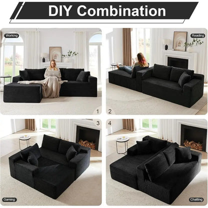 L-Shaped 103 Sectional Sofa with Chaise, Deep Seating, Corduroy Upholstery, Living Room Furniture, Ready to Use, Black