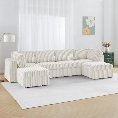 Modular U Shaped Sectional Sofa, 6-Seat Corduroy Couch with Storage, Reversible Chaise, Plush Faux Fur, White