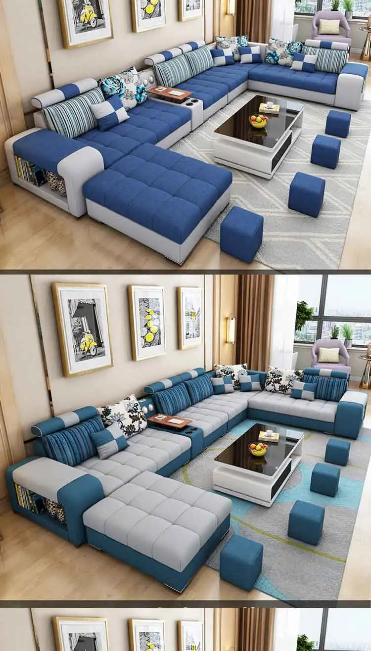 Modern Fabric Sofa Set Furniture Living Room Sofa Set with USB and Stools U Shape Cloth Couch Sofas for Home Furniture 1903