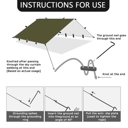 19 Hang Point Tarp Waterpoof Survival Bushcraft Sun Shelter Beach Shade Tent Outdoor Canopy Backpacking Tourist Awning 4x4 3x3m