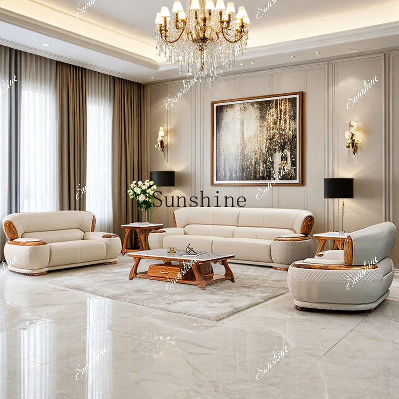 New Chinese ebony leather sofa living room modern first layer cowhide 1234 combination  FT