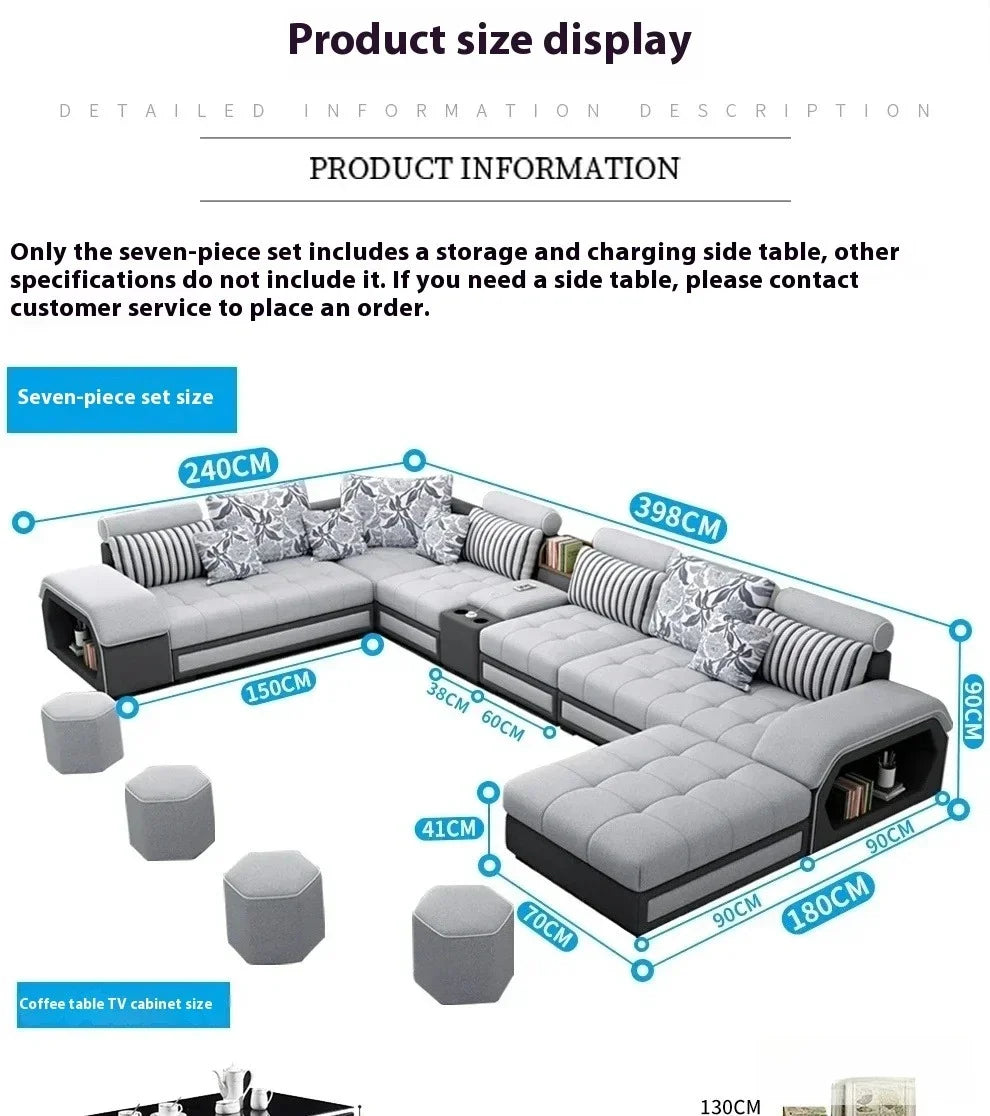 Linlamim Fabric Sofa Set Furniture Living Room Sofa Set with USB and Stools / Big U Shape Cloth Couch Sofas for Home Furniture