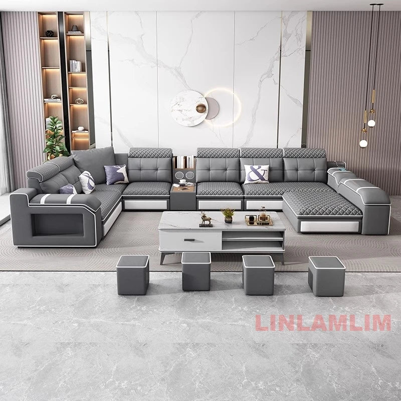 MANBAS Modern U-Shaped Fabric Sectional Sofa with Storage, Adjustable Headrests & USB Charging - Comfortable Quilted Upholstery