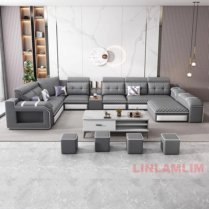 MANBAS Modern U-Shaped Fabric Sectional Sofa with Storage, Adjustable Headrests & USB Charging - Comfortable Quilted Upholstery