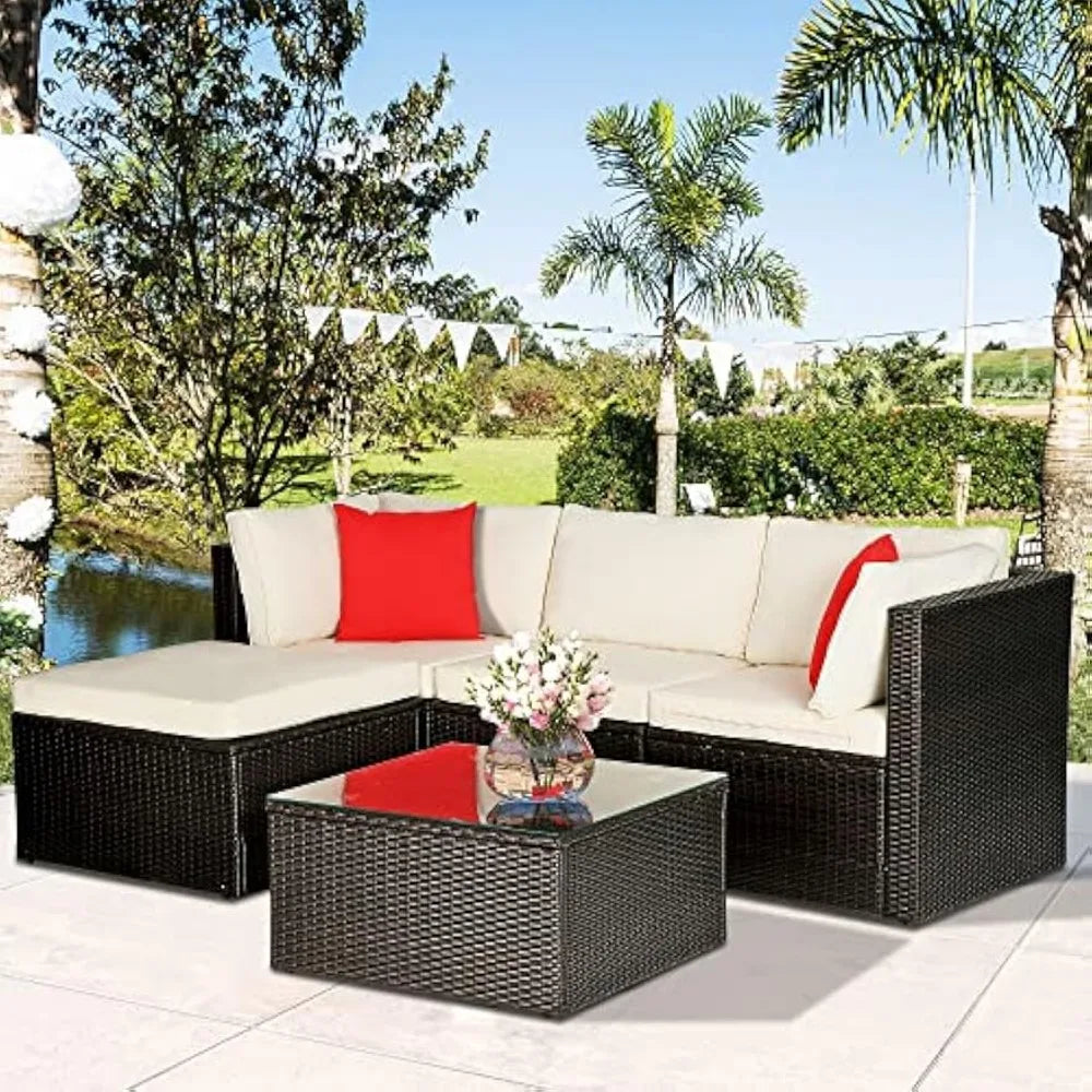 5 Pieces Patio Furniture Outdoor Wicker Sectional Patio Rattan Chair， Conversation Backyard Lawn Porch Poolside Balcony Garden