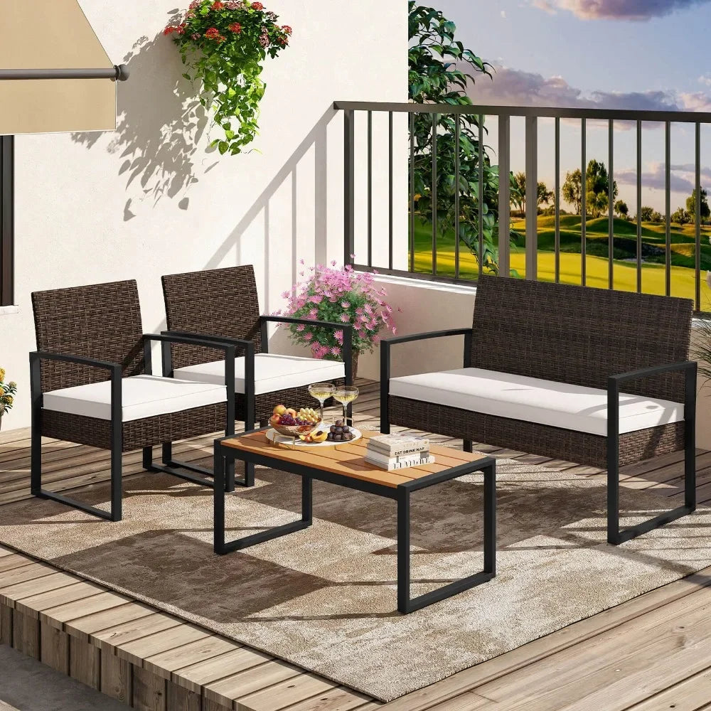 4 Piece Patio Furniture Set w/ Cushioned Chairs & Wood Plastic Coffee Table