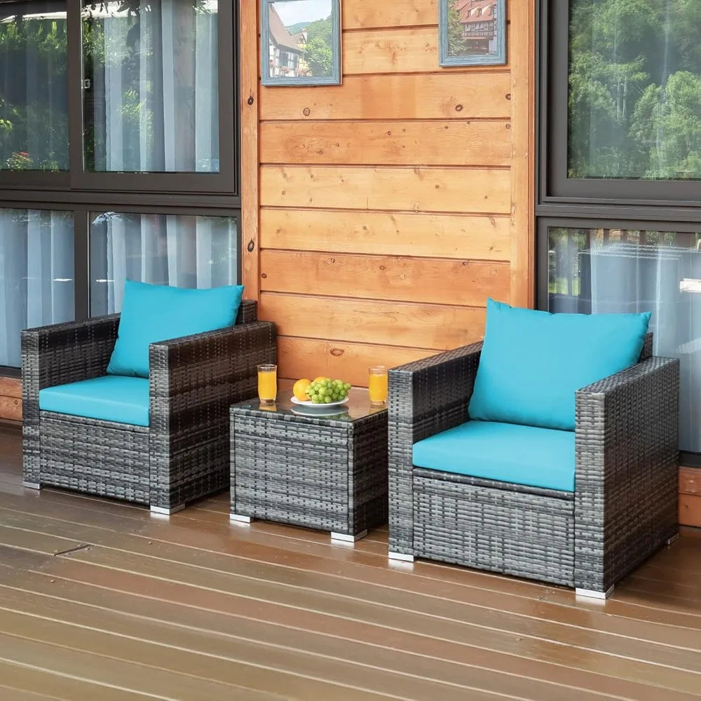 Three Piece Patio Set, Outdoor Rattan Sofa With Cushions, Tempered Glass Coffee Table, Wicker Conversation Furniture
