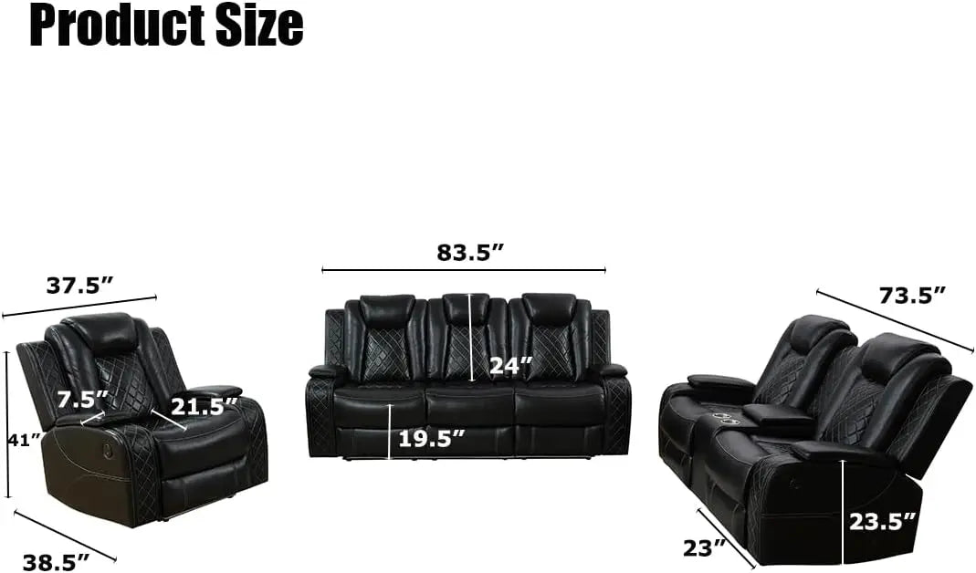 Power Recliner Sofa Set, Black Leather 3 Pieces Sectional Couch, Living Room Furniture Sets with LED Light, Modern Power