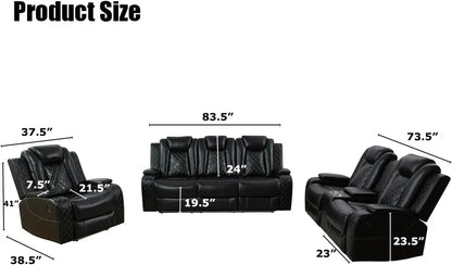 Power Recliner Sofa Set, Black Leather 3 Pieces Sectional Couch, Living Room Furniture Sets with LED Light, Modern Power