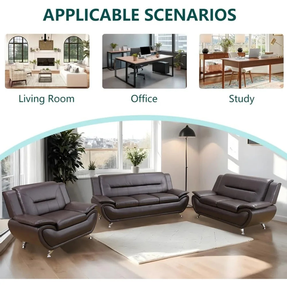 Leather Sectional Sofa Couches, Living Room Furniture Sets, 3 Pieces Modern Couch Set, Faux Leather Sofa Loveseat Chair Set with