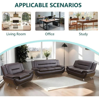 Leather Sectional Sofa Couches, Living Room Furniture Sets, 3 Pieces Modern Couch Set, Faux Leather Sofa Loveseat Chair Set with