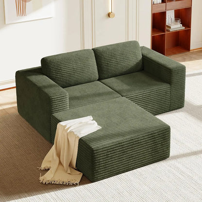 97" L-Shape Modular Sofa, 3-Seat Corduroy Couch with Movable Ottoman, Sectional Sofa for Living Room, Green, Customized