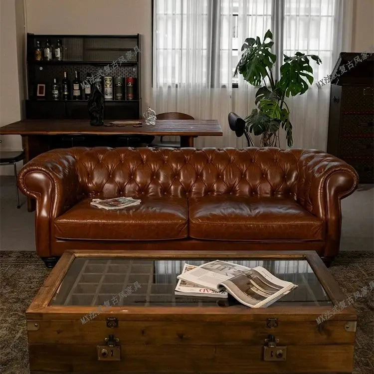 French vintage style button-tufted sofa, classic American cigar bar Burton sofa, mid-century whiskey straight-line sofa