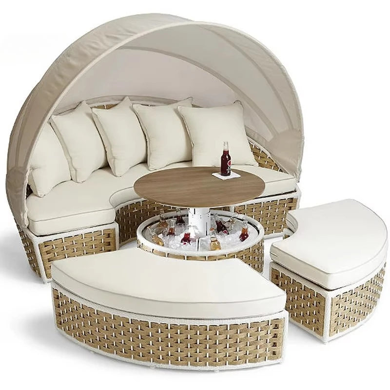 -Modern Day Bed Patio Furniture Hotel Deluxe Teak Rope Garden Sun Lounge Chair Round Aluminum Rattan Wicker Outdoor Day Bed