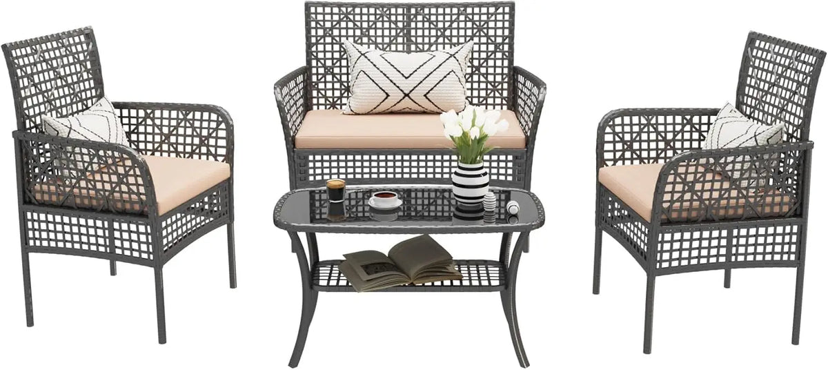 4 Pieces Outdoor Patio Furniture Set,PE Rattan Wicker Garden Conversation Chairs with Tempered Glass Table and Soft Cushions