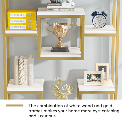 Tribesigns Bookshelf Bookcase, Gold 8-Open Shelf Etagere Bookcase with Faux Marble, Modern Book Shelves Display Shelf
