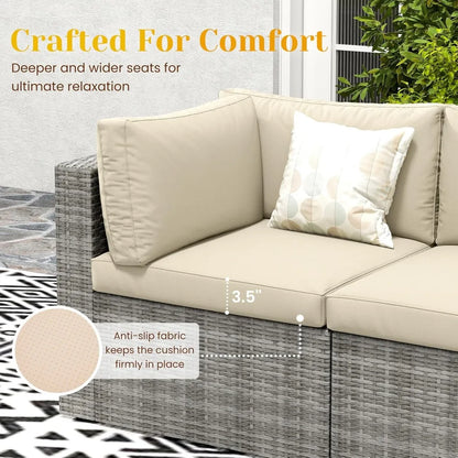 Seven Piece Patio Set, Outdoor Furniture With Glass Tea Table, PE Rattan Wicker Conversation Group, Includes Washable Cushions