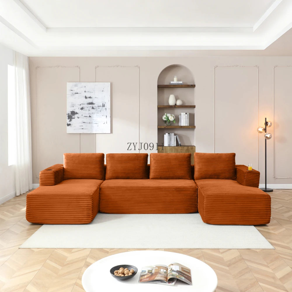 132-Inch boneless sofa, modern corduroy U-shaped modular section sofa, comfortable sofa with cup holder