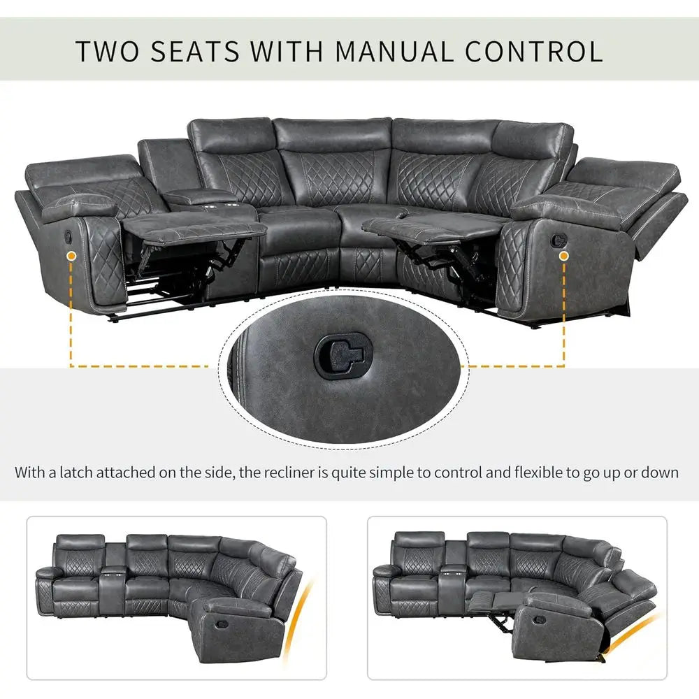 Manual Reclining L-Shaped Leather Sectional Sofa with Storage and Cup Holders for Home Theater Living Room