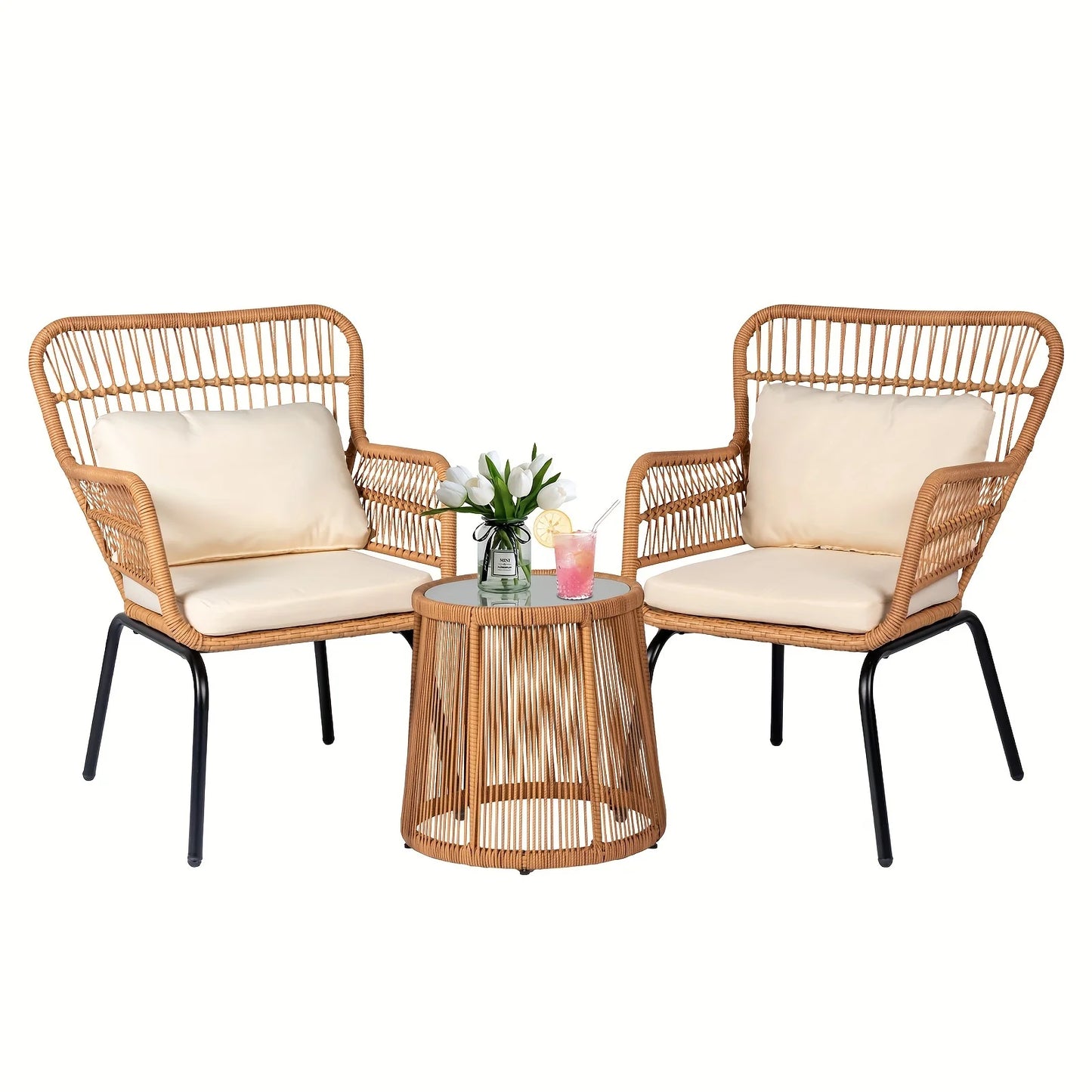 Boho-Inspired 3-Piece Outdoor Patio Set: Wicker Conversation Chairs with Beige Cushions + Round Tempered Glass Side Table — Lightweight, Weather-Resistant Design for Garden, Balcony, Deck or Porch Use