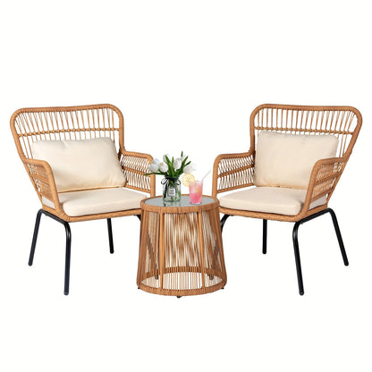 Boho-Inspired 3-Piece Outdoor Patio Set: Wicker Conversation Chairs with Beige Cushions + Round Tempered Glass Side Table — Lightweight, Weather-Resistant Design for Garden, Balcony, Deck or Porch Use