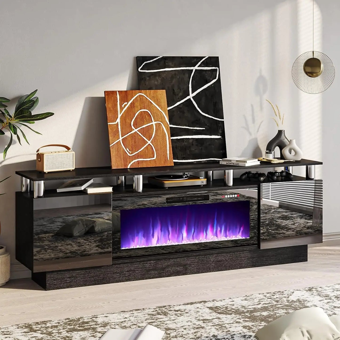 70" Modern Fireplace TV Stand with 36" Electric Fireplace for TVs Up to 80 inch, Luxury LED Light Entertainment Center